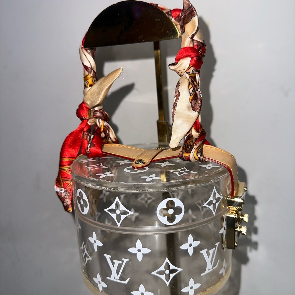 Louis Vuitton Clear Monogram Round Box Bag with Red and Tan Scarf Handle - Picture 5 of 8